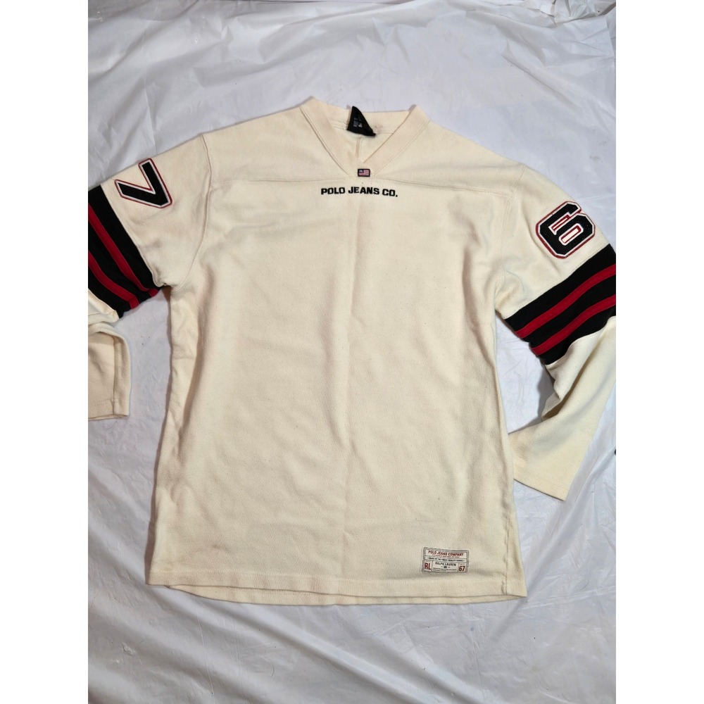 Vintage Polo Jeans Co Ralph Lauren Football Jersey Cream Knit Shirt Small 67